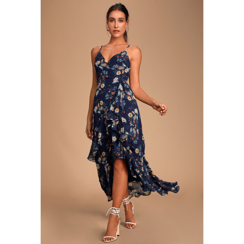 Lulus Albina Navy Blue Floral Print Ruffled Maxi Dress - Size M